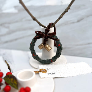 Evergreen Wreath Christmas Ornament - Handmade Paper, Velvet Ribbon, Vintage Bells