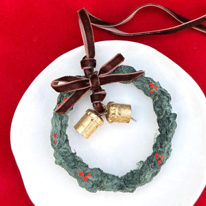 Evergreen Wreath Christmas Ornament - Handmade Paper, Velvet Ribbon, Vintage Bells