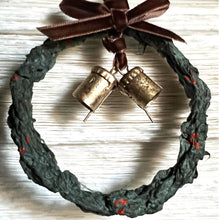 Load image into Gallery viewer, Evergreen Wreath Christmas Ornament - Handmade Paper, Velvet Ribbon, Vintage Bells